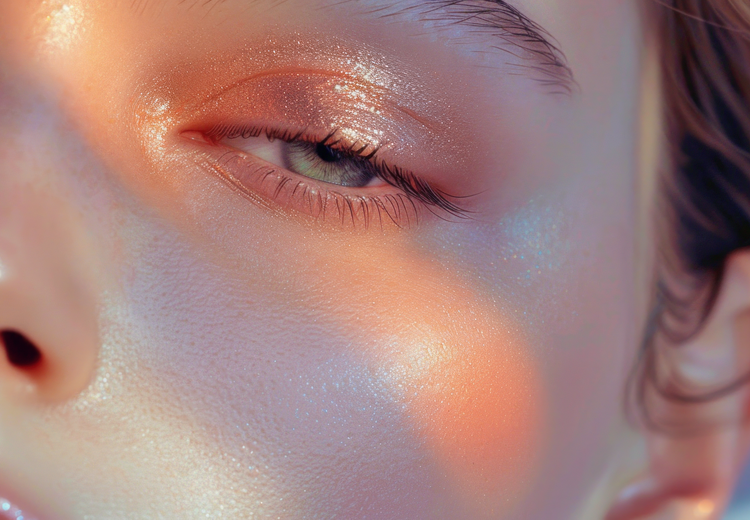 Woman with radiant glowing skin using Dew Lumina vegan body shimmer.